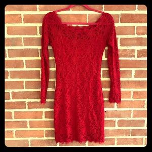 Red Floral Lace Long Sleeve Dress